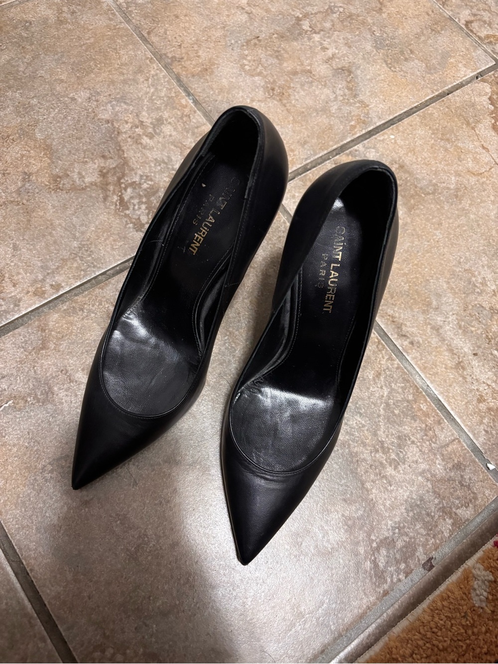 Yves Saint Laurent Black Leather Pumps with Gold Monogram Heel - Picture 2 of 5
